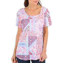 Coral Bay Womens Patchwork Floral Print Short Sleeve Top