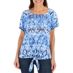 Womens Embellished Print Tie Front Short Sleeve Top