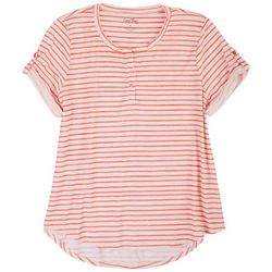 Coral Bay Womens Striped Henley Short Sleeve Top