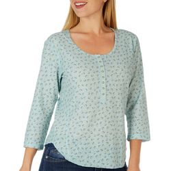 OneWorld Womens Floral Henley Waffle Knit Top