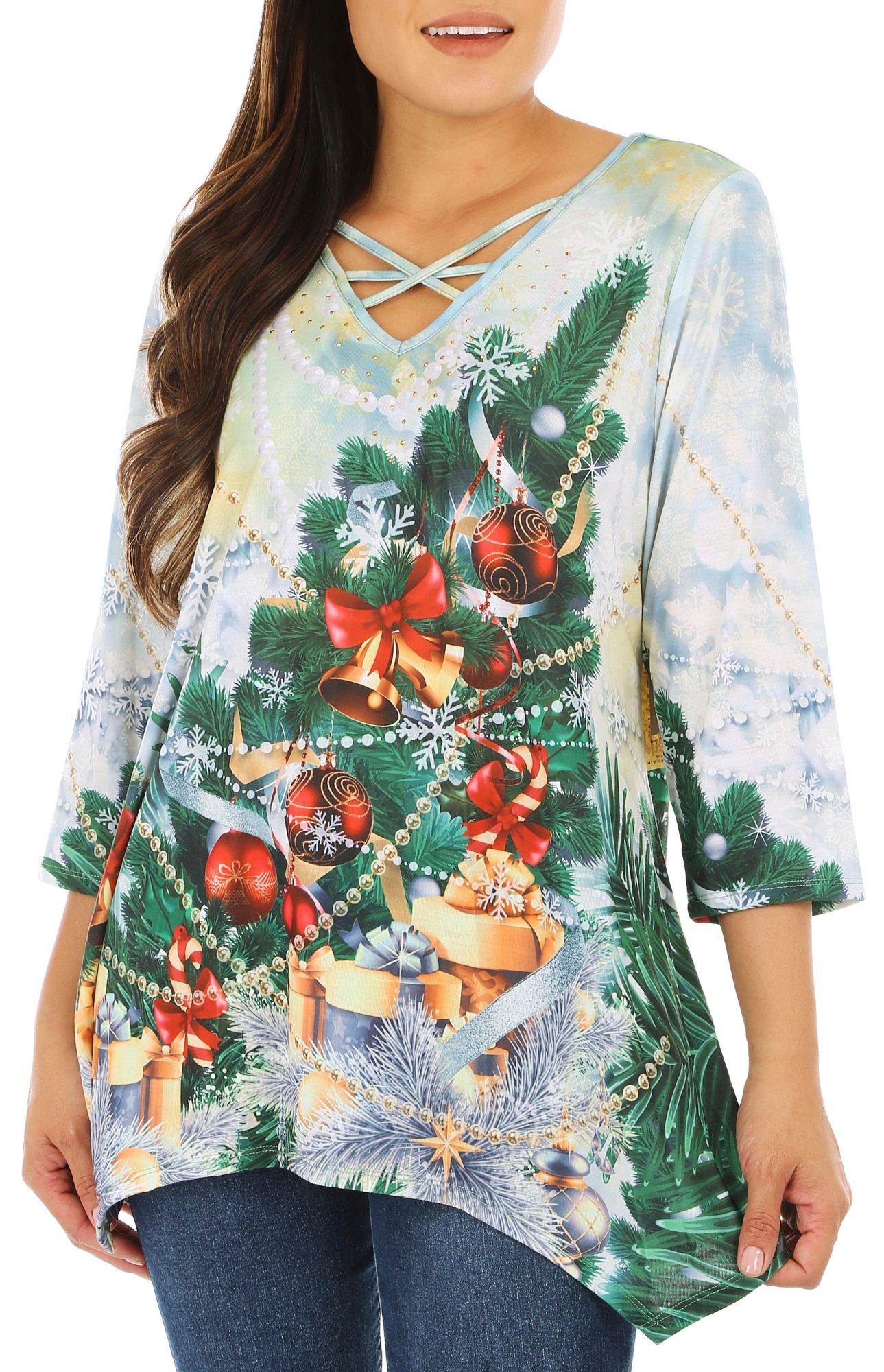 OneWorld Misses Xmas Tree Embellished 3/4 Sleeve Top