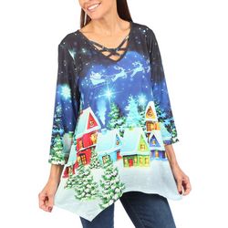 Womens Christmas Eve Village Embellished 3/4 Sleeve Top