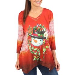 OneWorld Womens Christmas Snowman Embellished 3/4 Sleeve Top