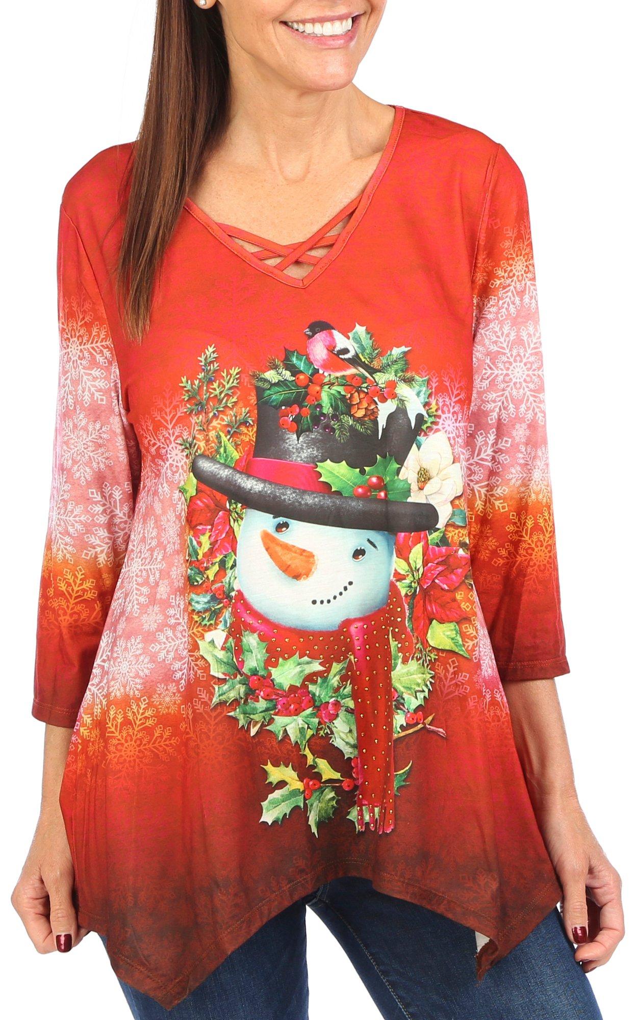 Womens Christmas Snowman Embellished 3/4 Sleeve Top