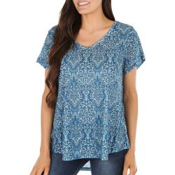 Womens Mixed Print Embellished Short Sleeve Top