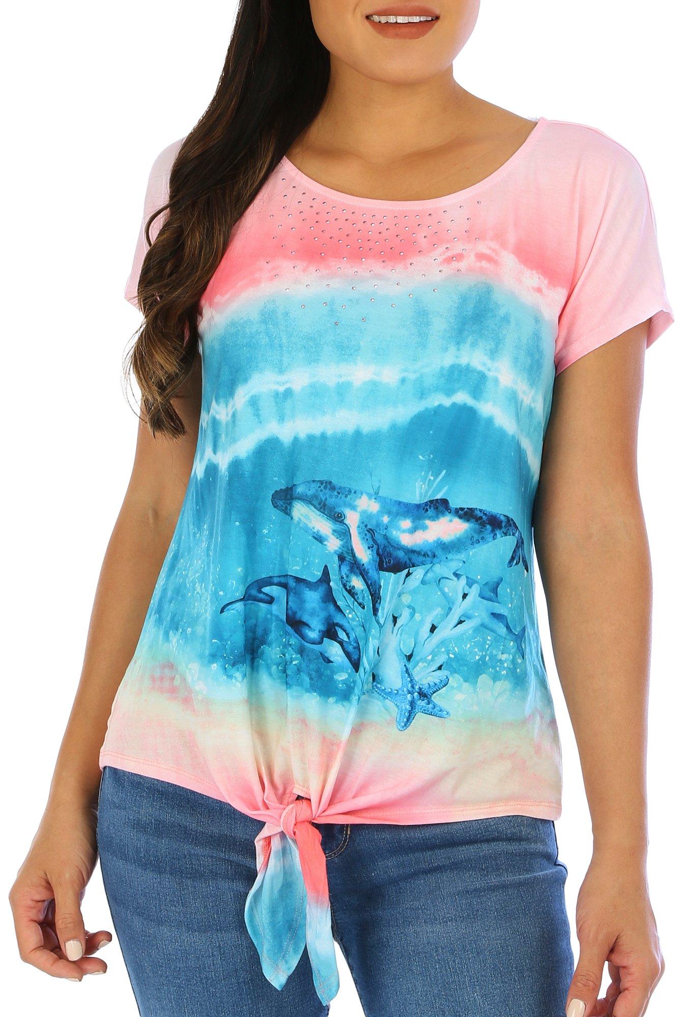 Coral Bay Womens Whale Print Scoop Neck Short Sleeve Top