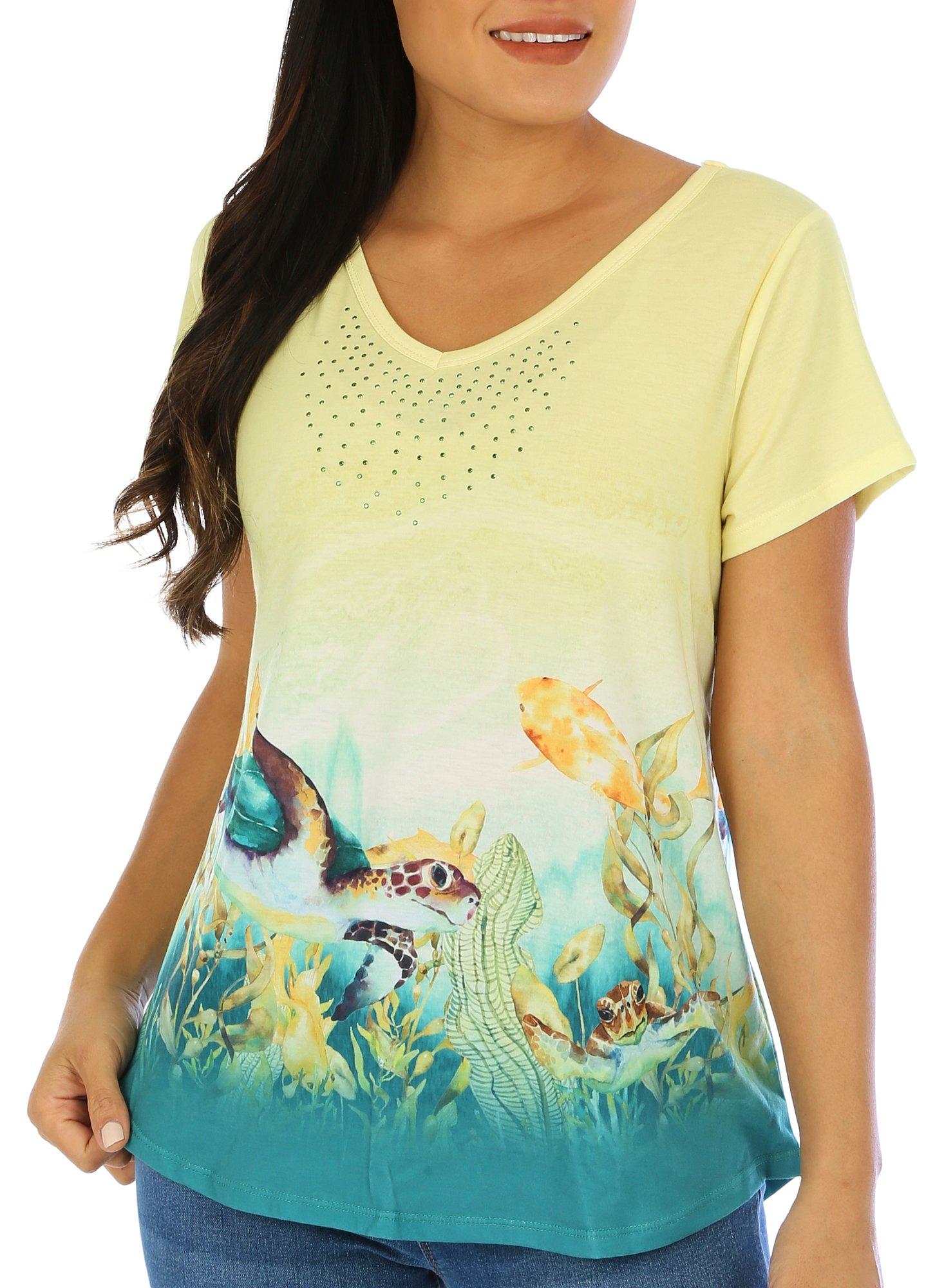 Coral Bay Womens Turtle Print V-Neck Short Sleeve Top