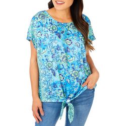 Womens Floral Front Tie Short Sleeve Top