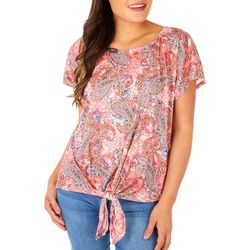 Womens Front Tie Paisley Short Sleeve Top