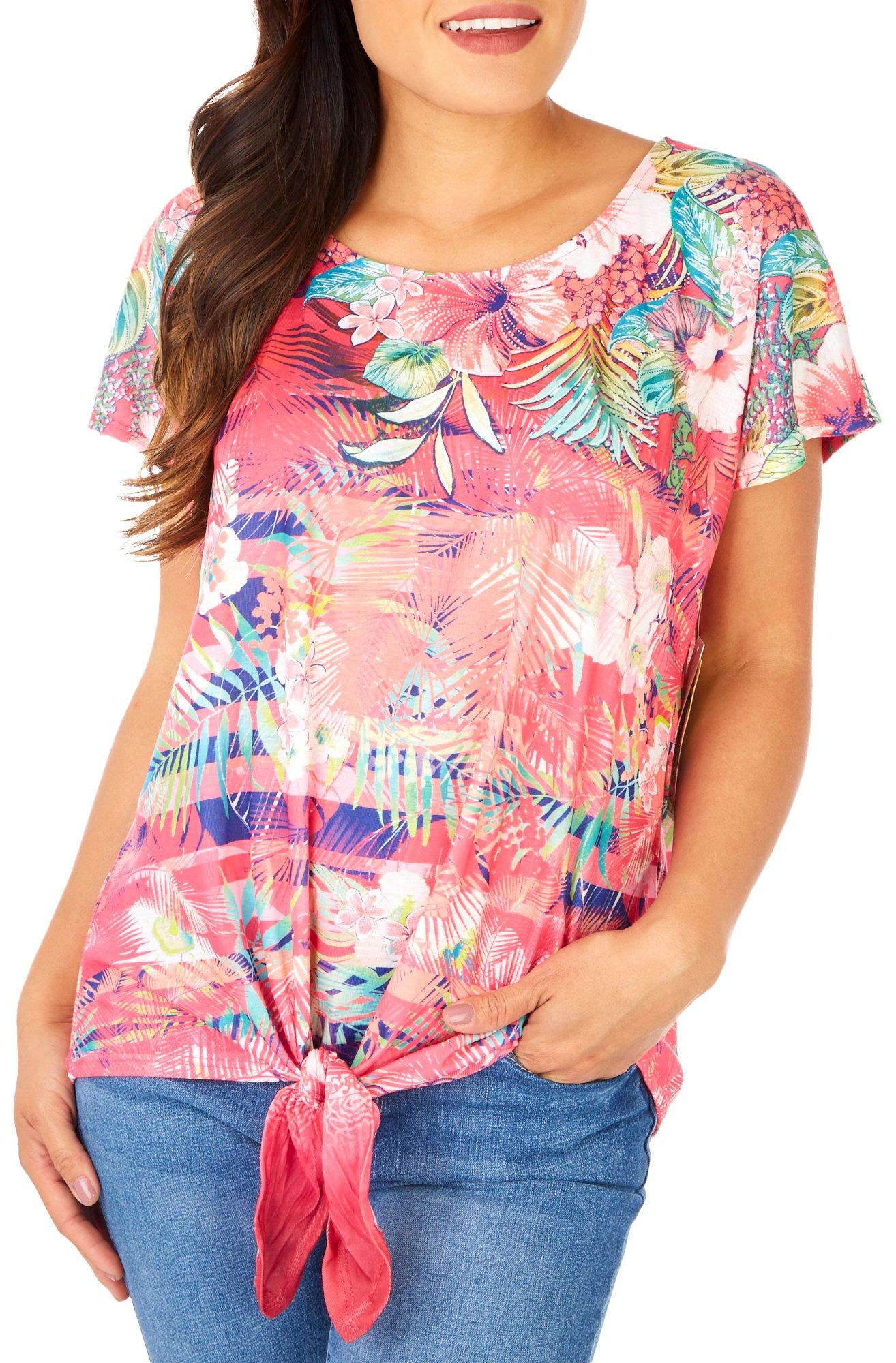 Womens Tropical Paradise Front Tie Short Sleeve Top