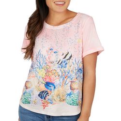 Womens Embellished Coral Reef Life Short Sleeve Top