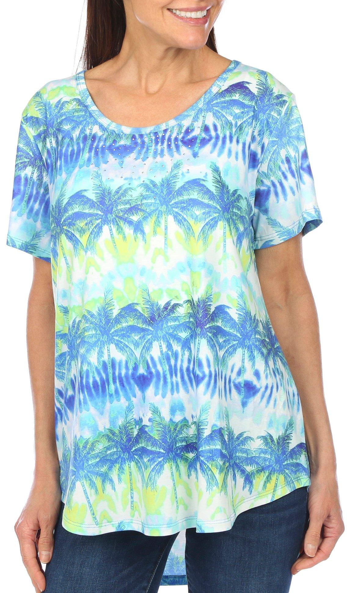 Coral Bay Womens Palm Print Short Sleeve Top