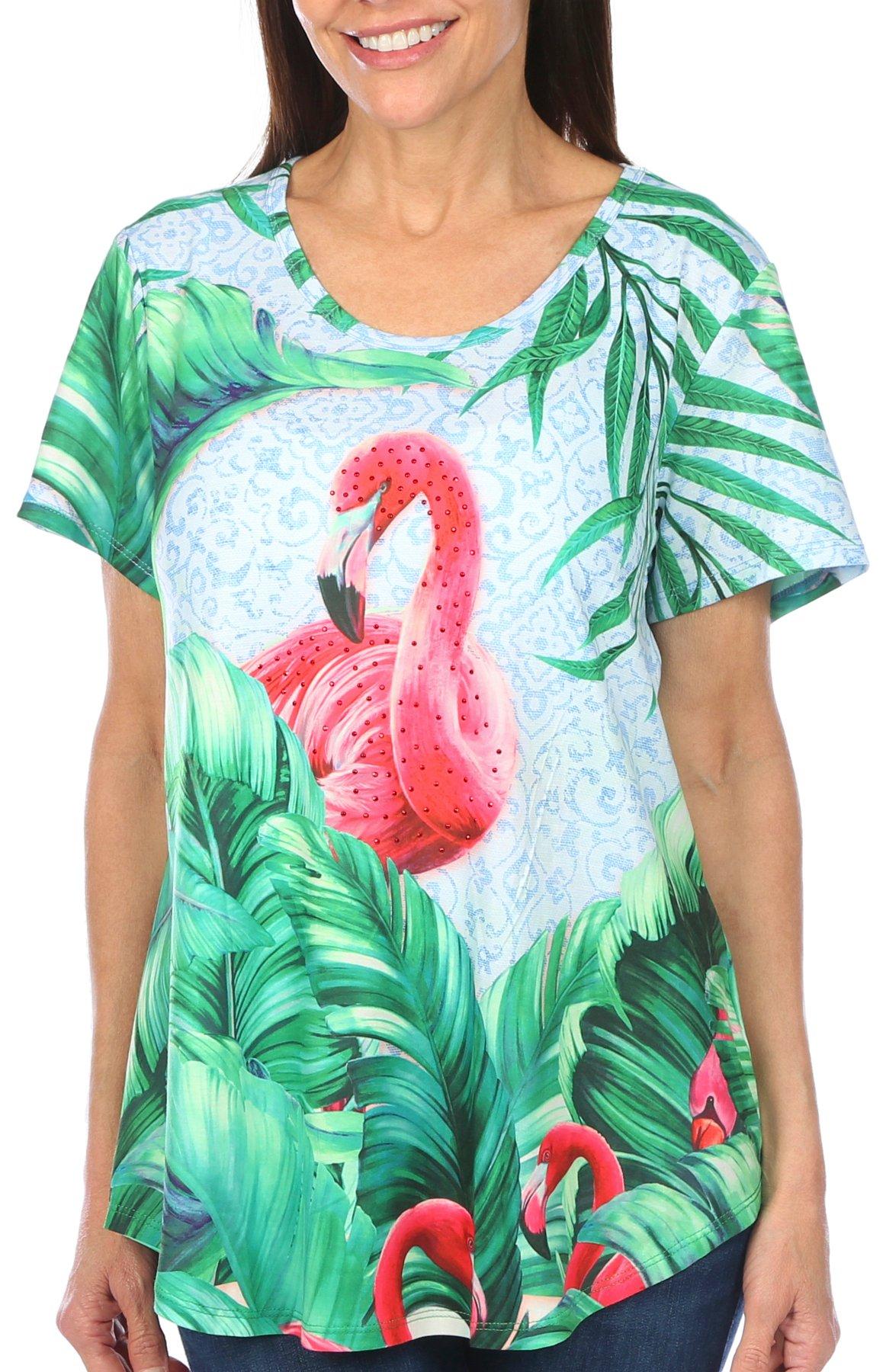 Coral Bay Womens Flamingo Print Short Sleeve Top