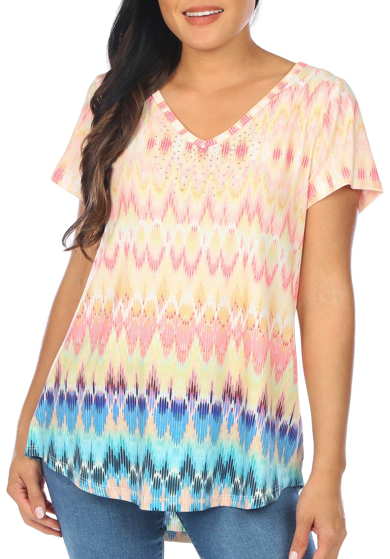 Womens Embellished Rising Color Short Sleeve Top