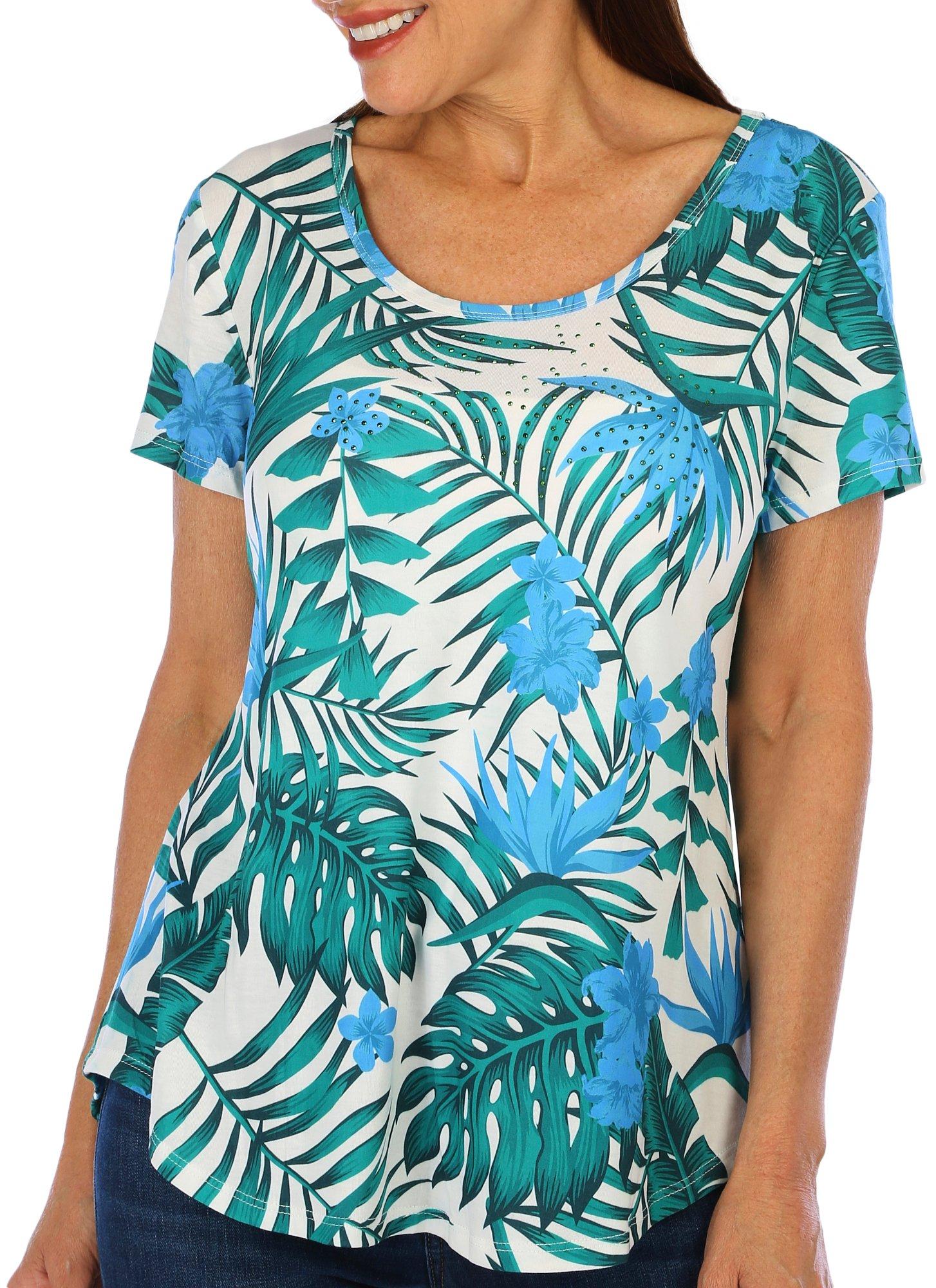 Coral Bay Womens Short Sleeve Tropical Embellished Top