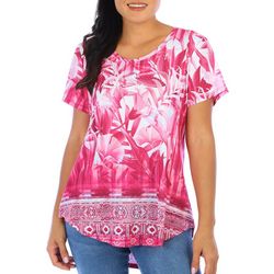Coral Bay Womens Floral Print Embellished Short Sleeve Top