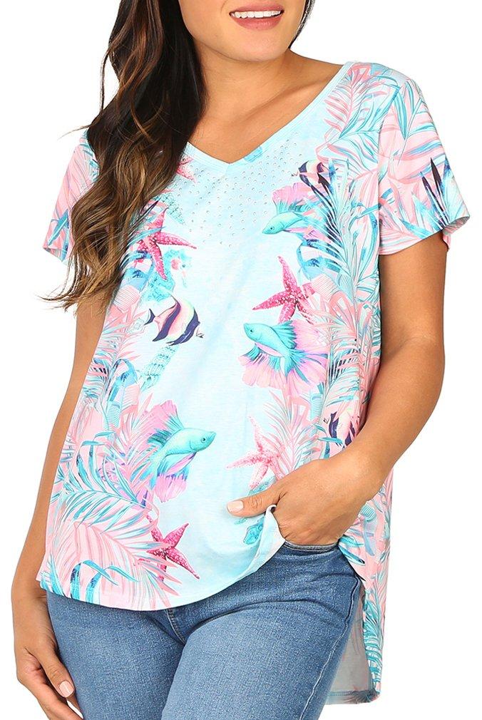 Womens Fish Friends V-Neck Short Sleeve Top