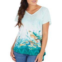 Coral Bay Womens Swimming Turtle Jewelled Short Sleeve Top
