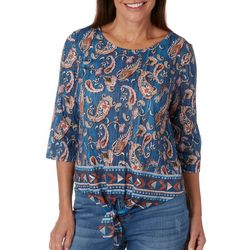 OneWorld Misses 3/4 Sleeve Tie Knot Paisley Top