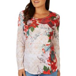 Womens Embellished Holiday Poinsettias Long Sleeve Top