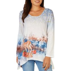 Womens Embellished Snowy Holiday 3/4 Sleeve Top