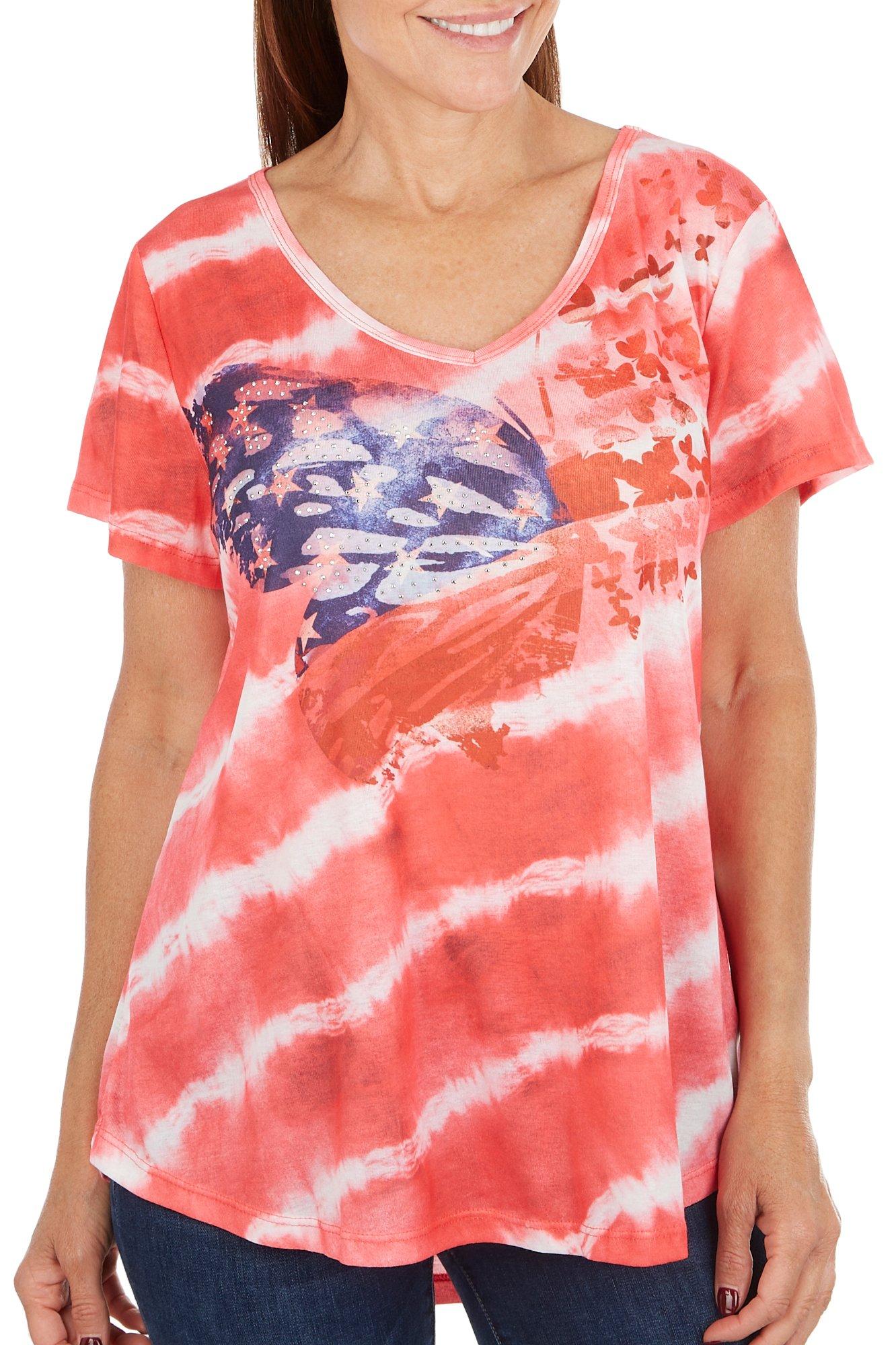 Womens Embellished Americana Butterfly Short Sleeve Top