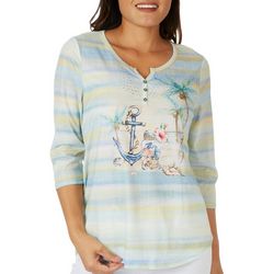 Coral Bay Womens Embellished Anchor Henley 3/4 Sleeve Top