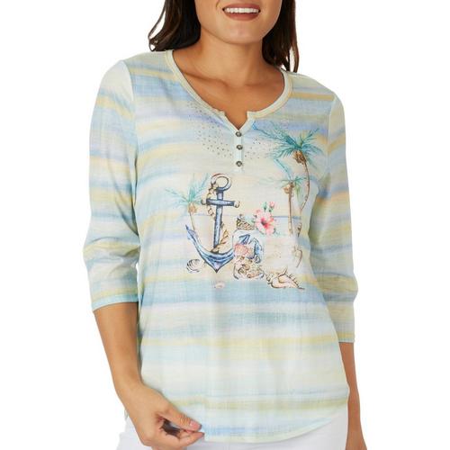 Coral Bay Womens Embellished Anchor Henley 3/4 Sleeve