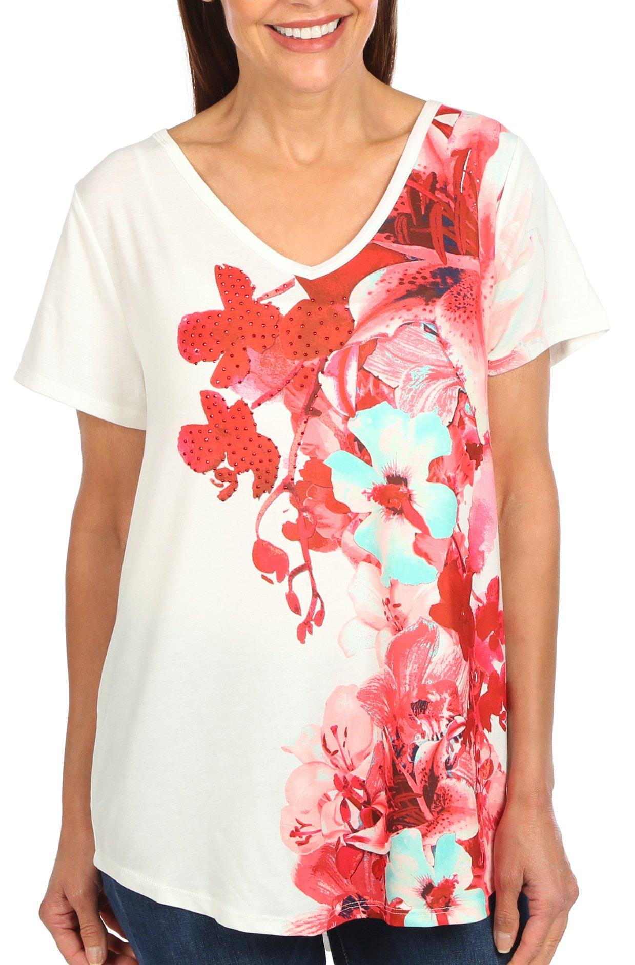 Coral Bay Womens Blossom Print Short Sleeve Top