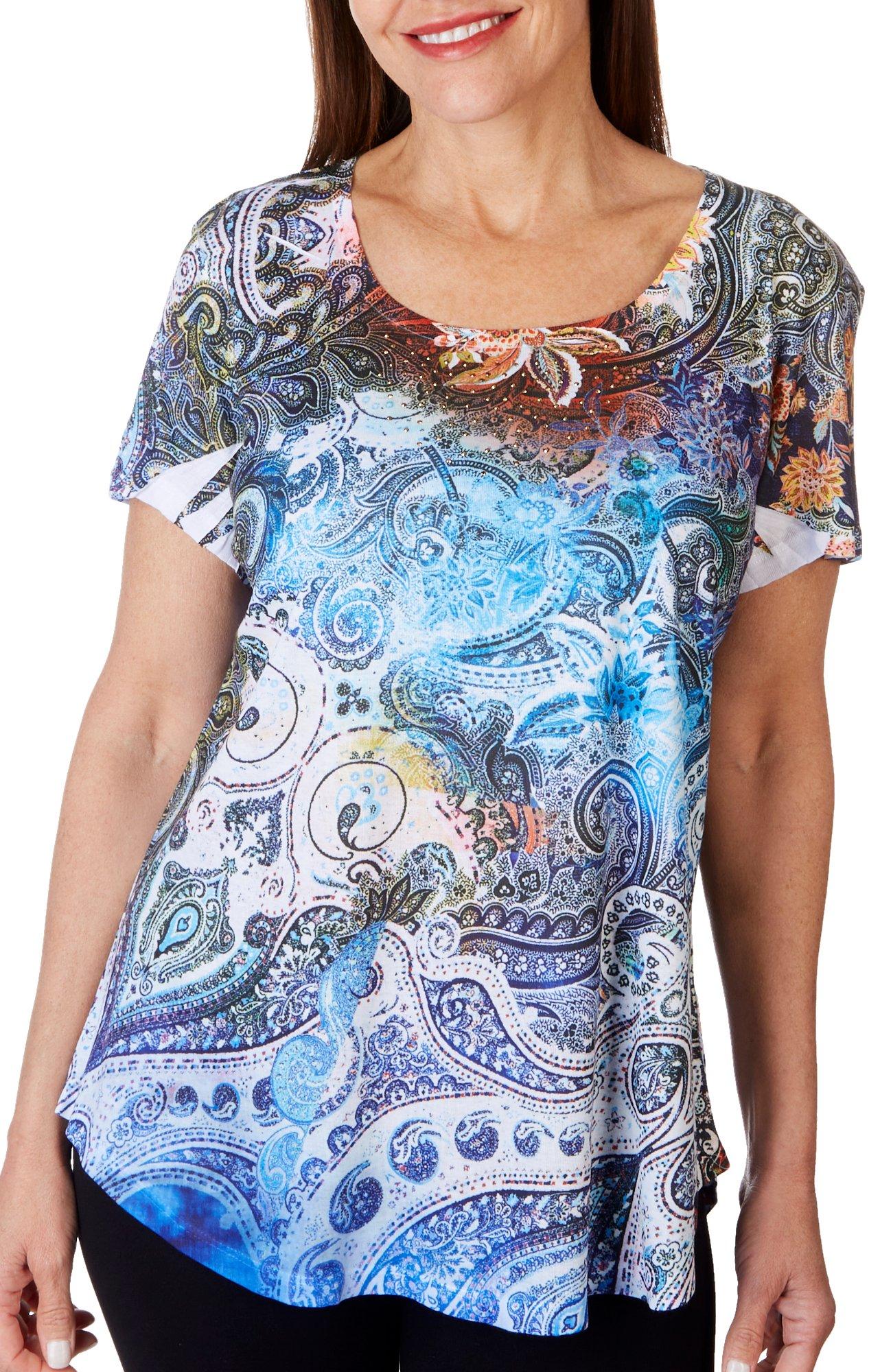 Womens Embellished Print Short Sleeve Top