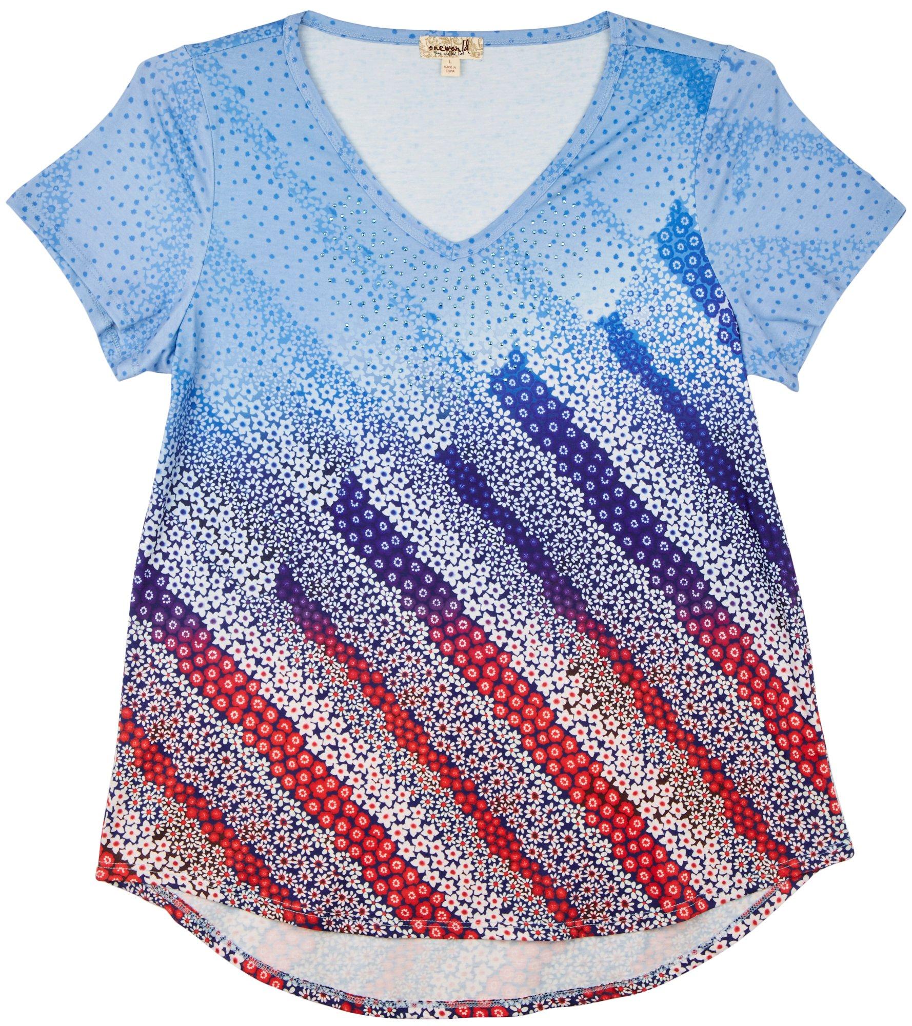 OneWorld Womens Americana Abstract Flag Short Sleeve Top