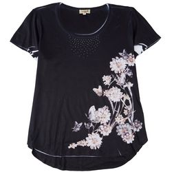 OneWorld Womens Floral Promo Round Neck Short Sleeve Top