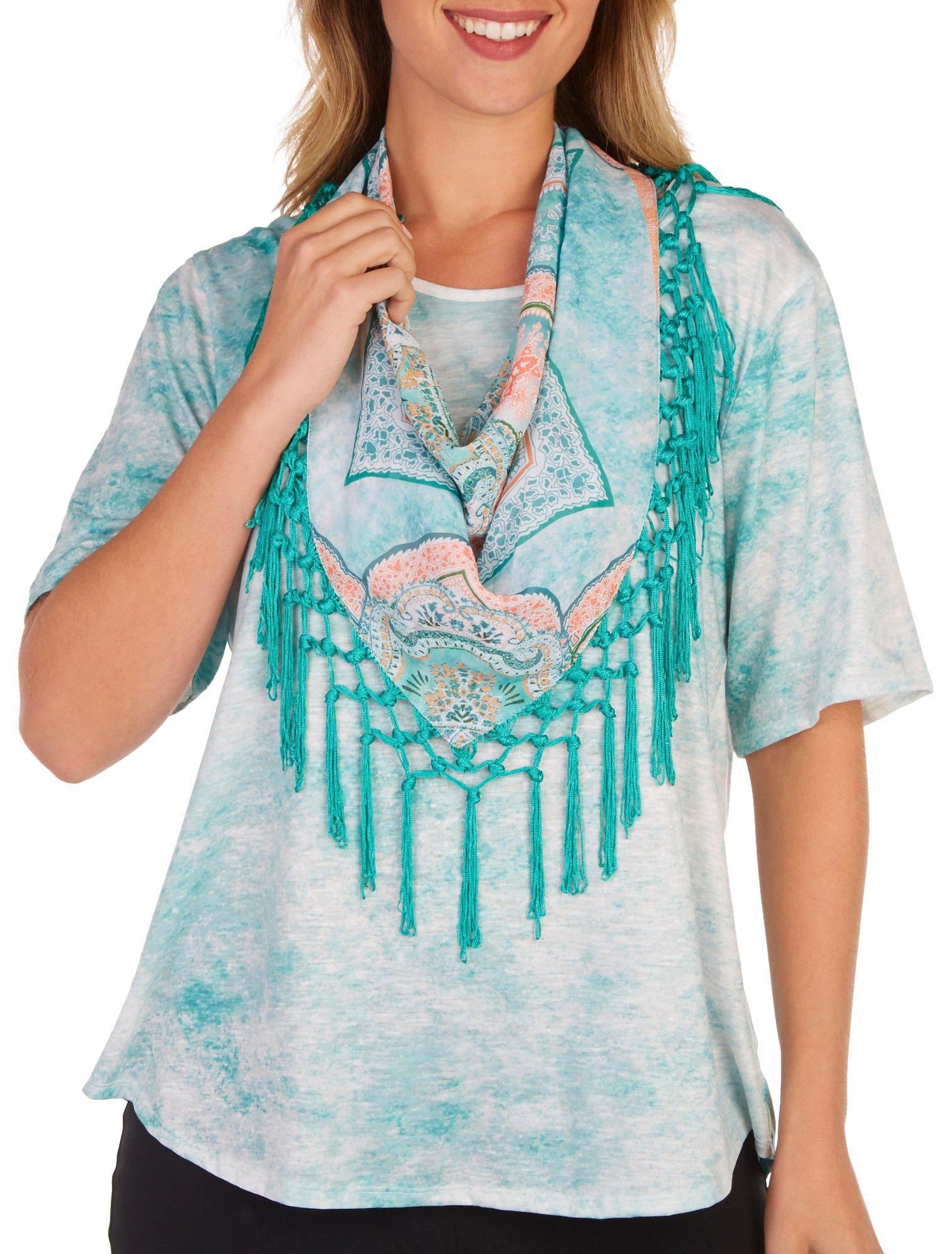 OneWorld Womens Scarf Short Sleeve Top