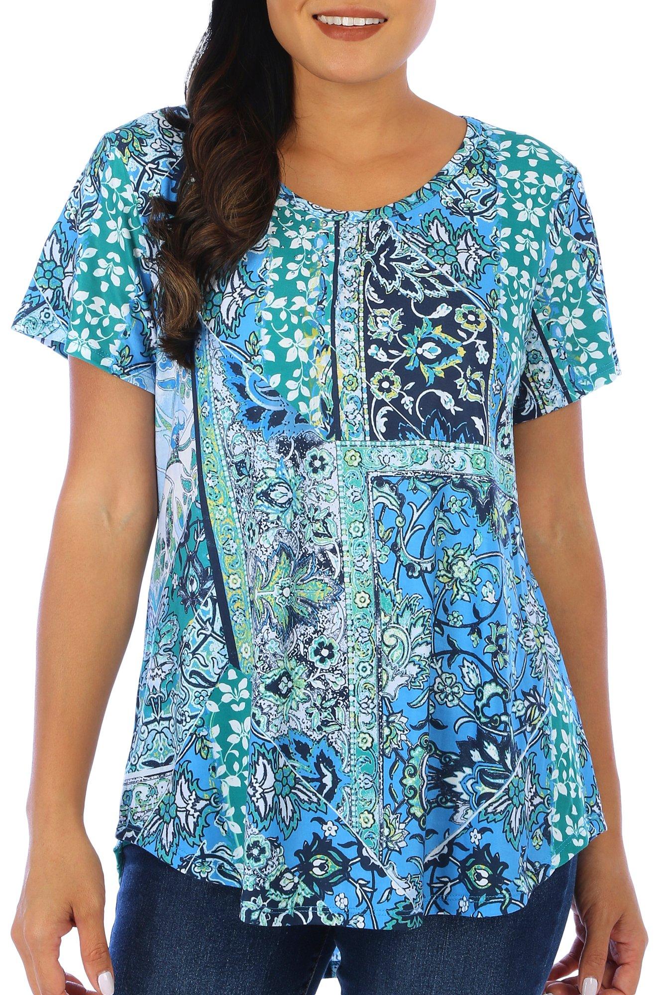 Womens Embellished Mixed Print Short Sleeve Top