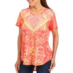 Womens Embellished Tropical Print Short Sleeve Top