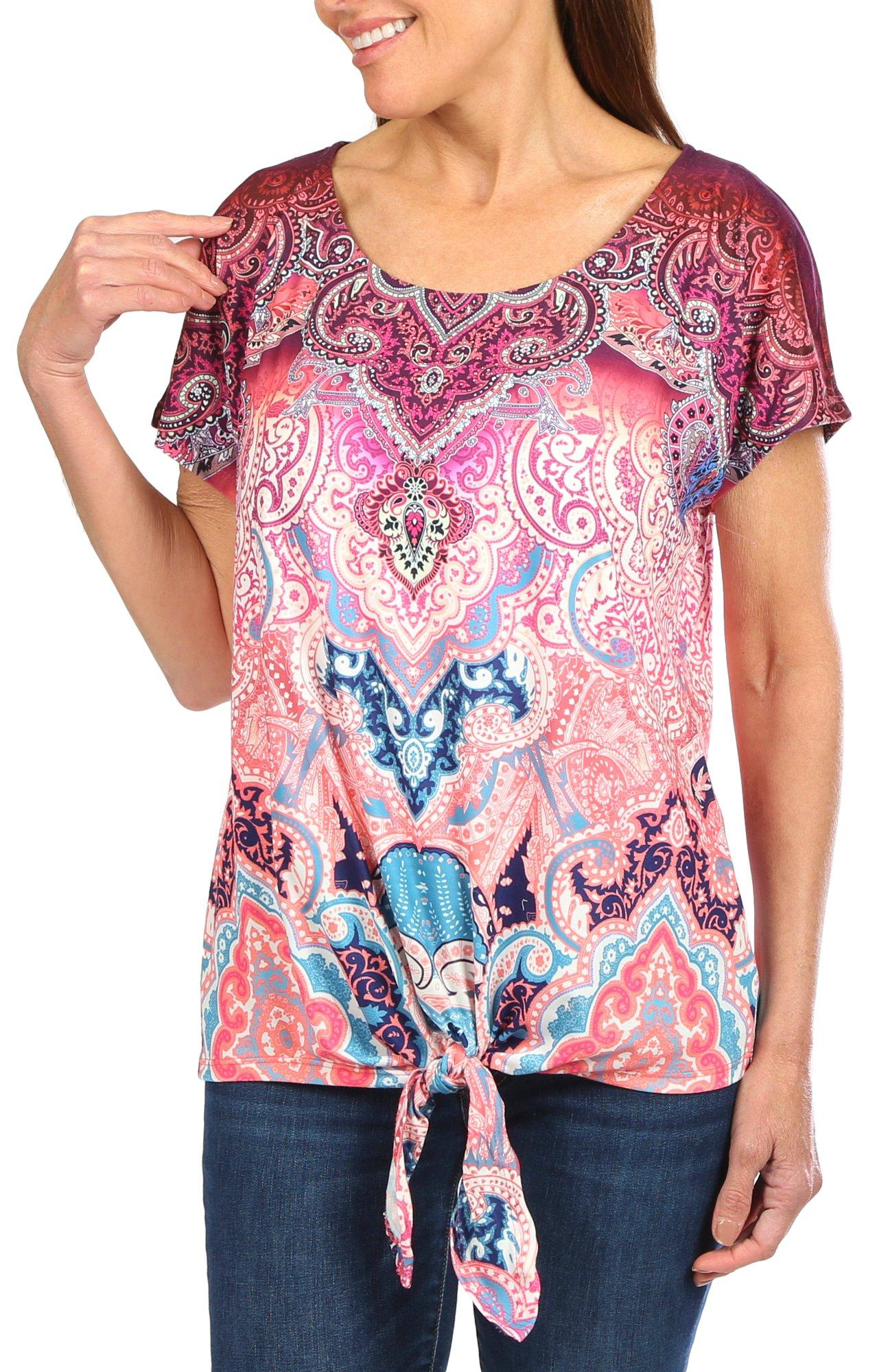 One World Womens Abstract Print Tie Front Short Sleeve Top