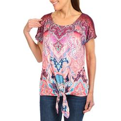 Coral Bay Womens Abstract Print Tie Front Short Sleeve Top