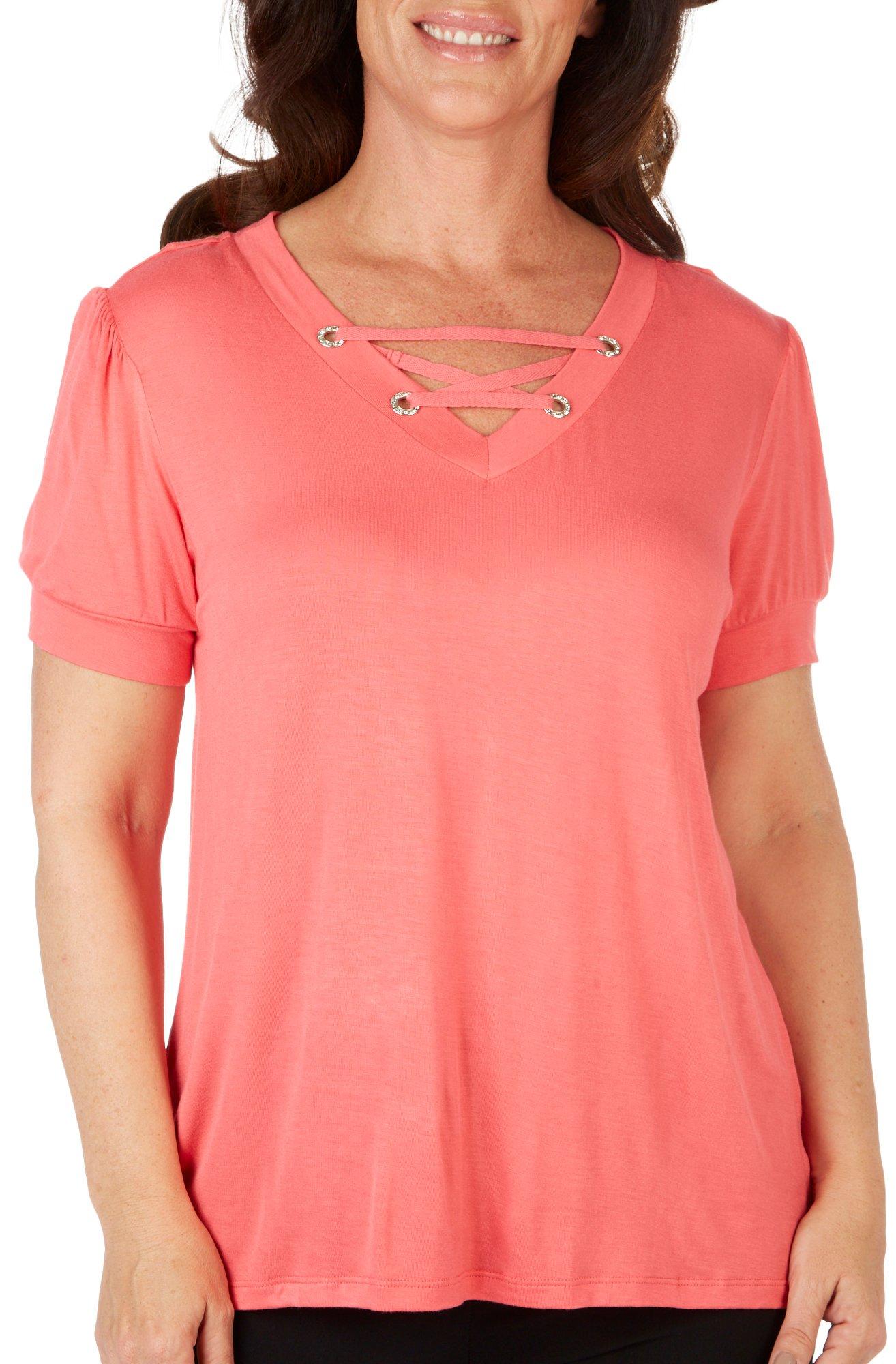 Tint & Shadow Womens Crisscross Grommet Short Sleeve Top