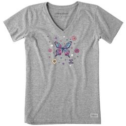 Life Is Good Womens Butterfly and Flowers Short Sleeve Tee