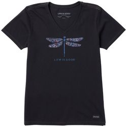 Womens Floral Dragonfly V Neck Short Sleeve Tee