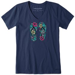Womens Hibiscus Flip Flops V-Neck Short Sleeve T-Shirt