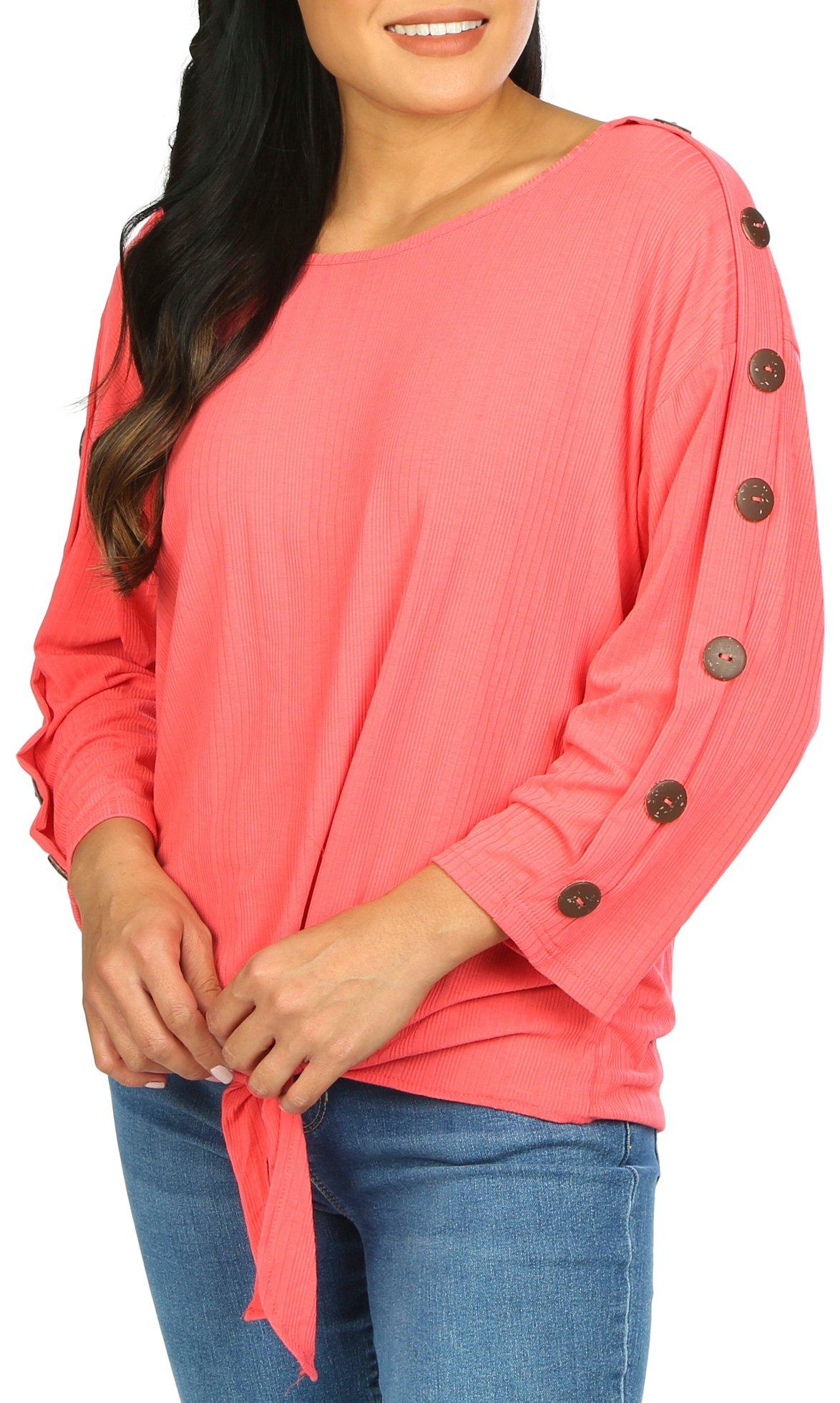 Juniper + Lime Womens Ribbed Coconut Buttons 3/4 Sleeve Top