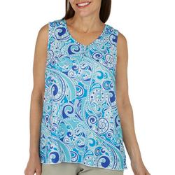 Womens Paisley Ribbed Scoop Neck Henley Sleeveless Top