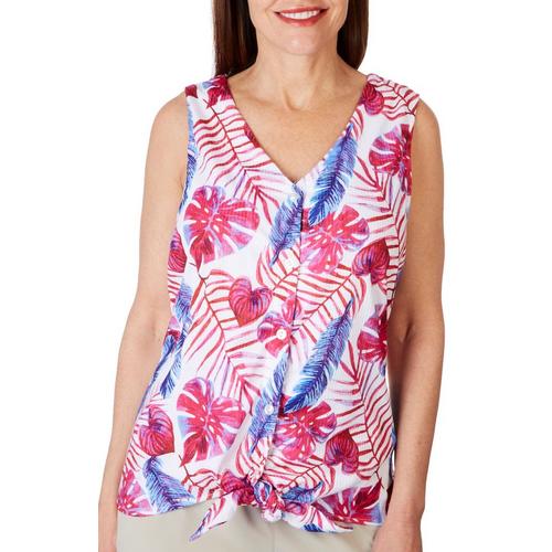 Womens Palms & Feathers Button Down Sleeveless Top