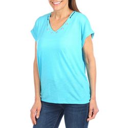Teez-Her Womens Solid Studded V-Neck Short Sleeve Top