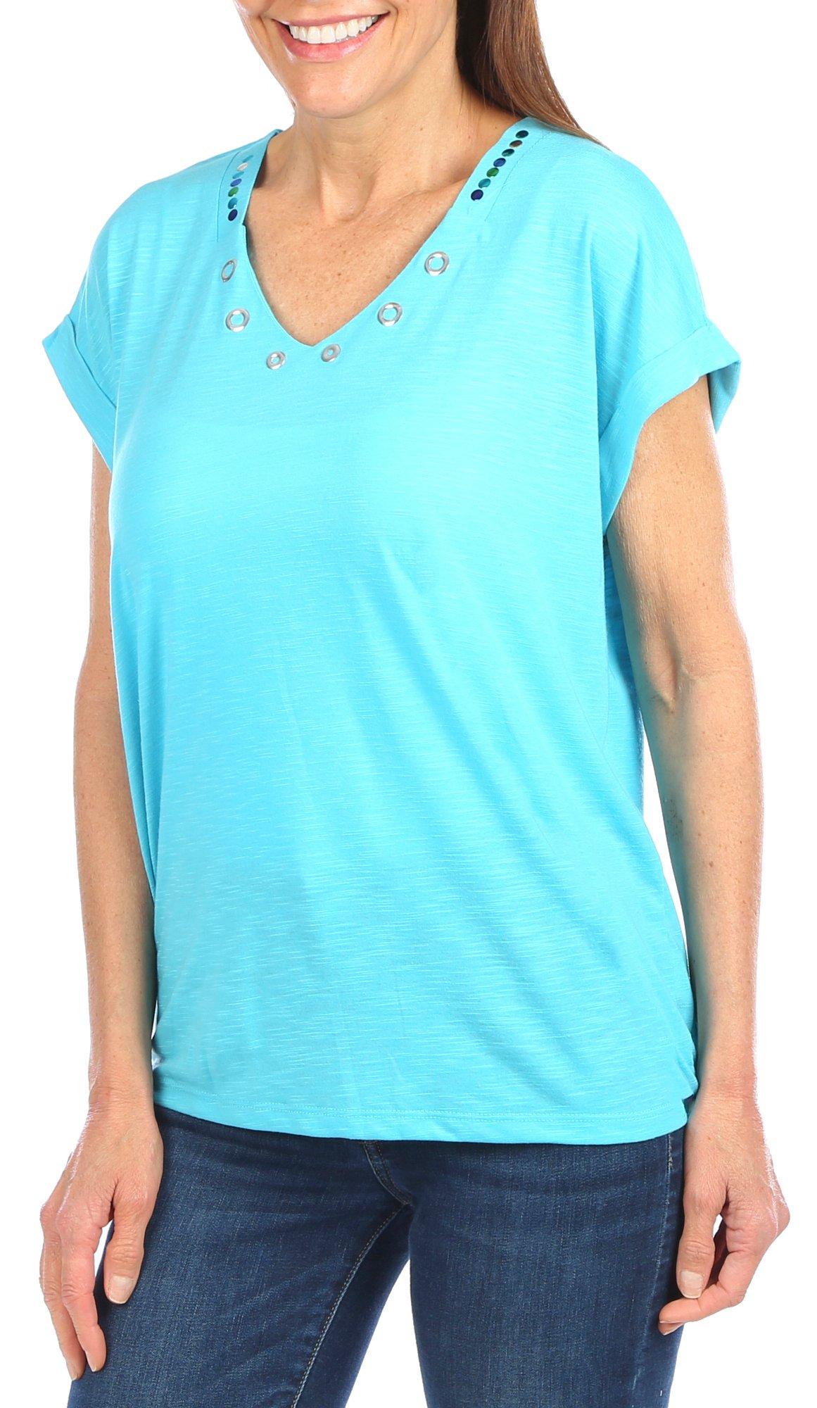Womens Solid Studded V-Neck Short Sleeve Top
