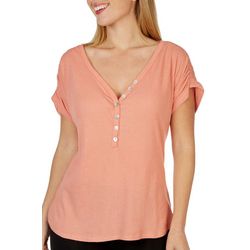 French Laundry Womens Solid Henley Short Sleeve Top