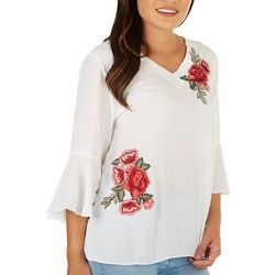 Sami & Jo Womens Embroidered Roses 3/4 Sleeve Top