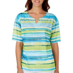 Onque Casual Womens Striped Notch Short Sleeve Top