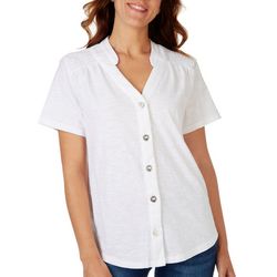 Coral Bay Womens Solid Y-Neck Button Front Short Sleeve Top
